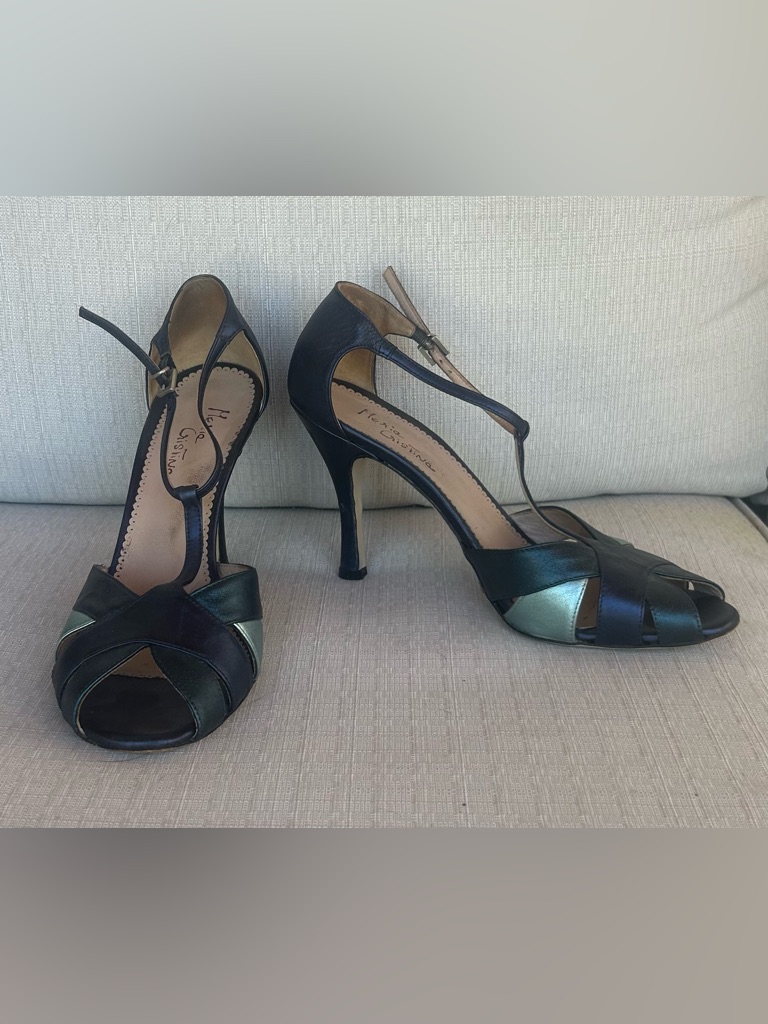 Merie Christine Metallic Blue Open-Toe Slingback Heels